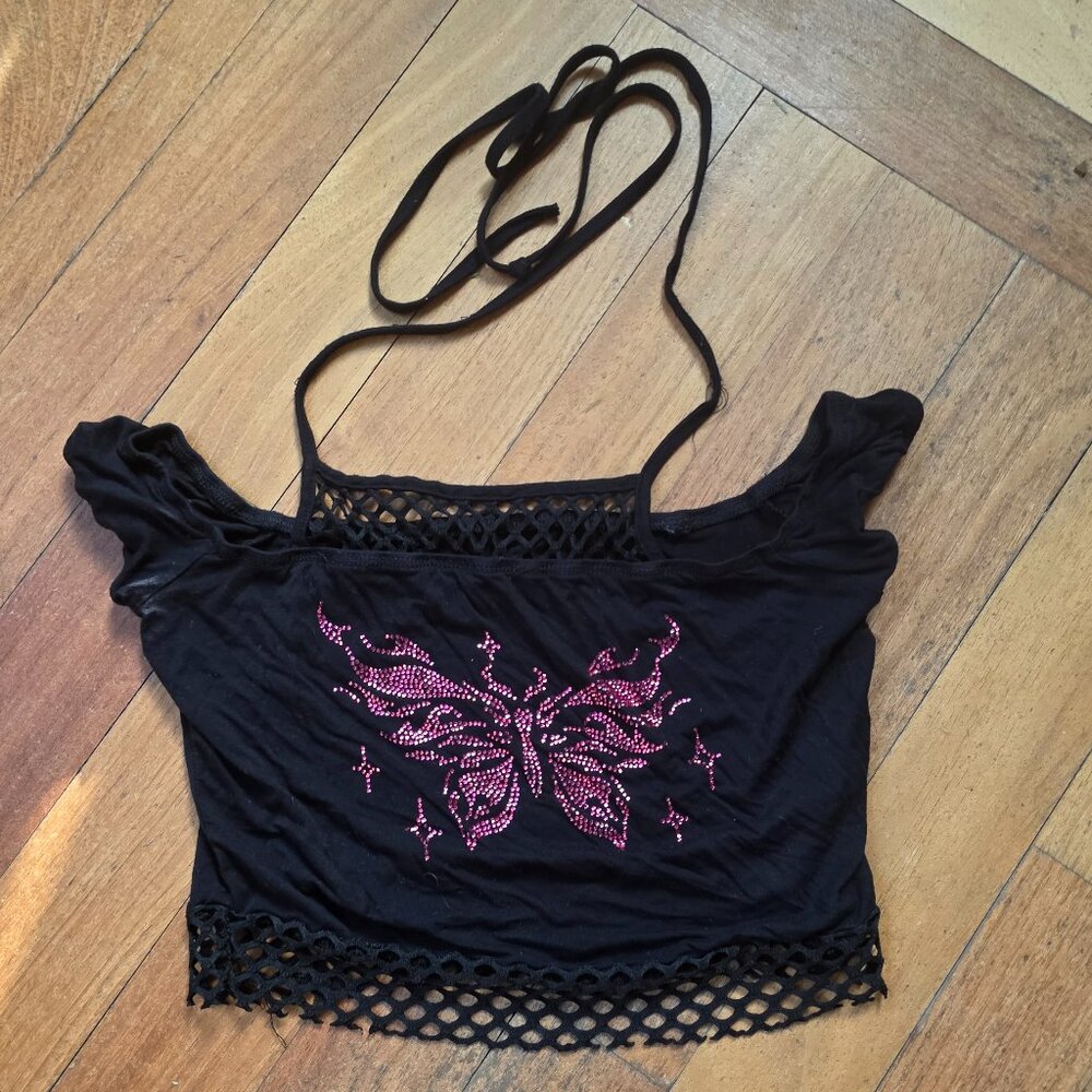 SHEIN Juniors Black/Pink Glitter Butterfly Crop Top Size Medium/6